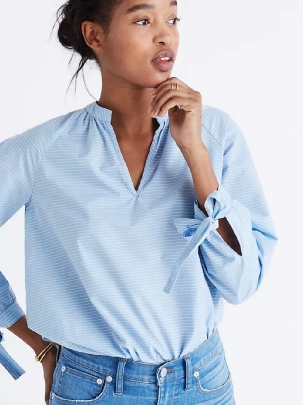 Madewell Blue Striped Tie-Sleeve Popover Top 40013